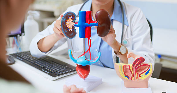 médico mostrando diagrama de riñones