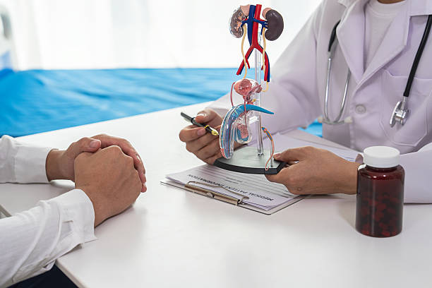 médico mostrando diagrama de riñones
